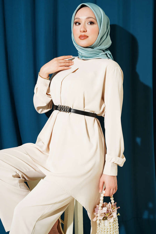 Ensemble tunique ceinturée à coupe asymétrique pierre