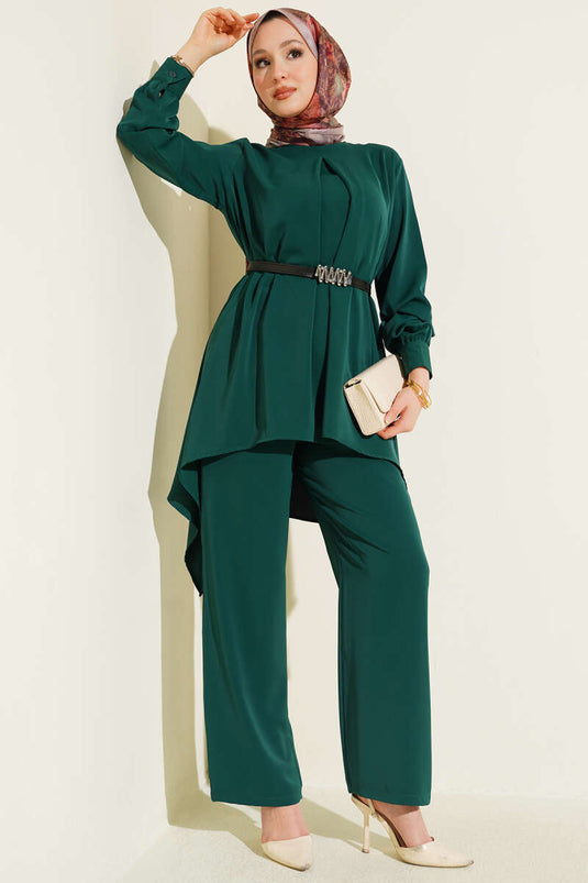Ensemble tunique ceinturée à coupe asymétrique Émeraude