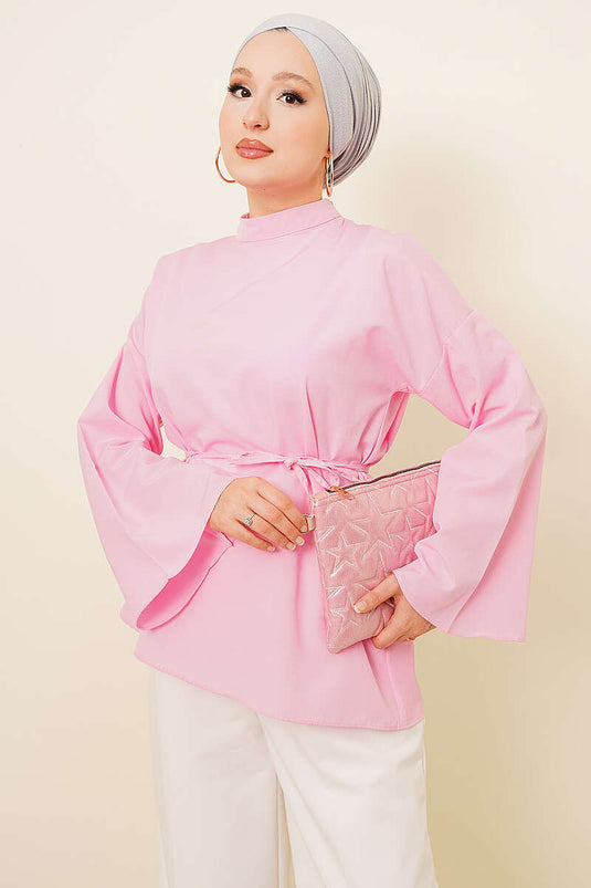 Asimetrik Kesim Poplin Tunik Pembe