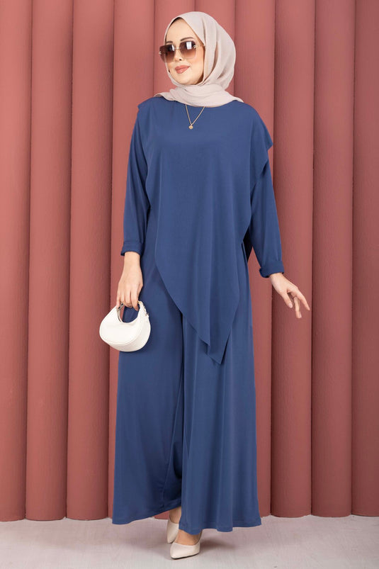 Asymmetric Cut Sandy Two-Piece Set Indigo