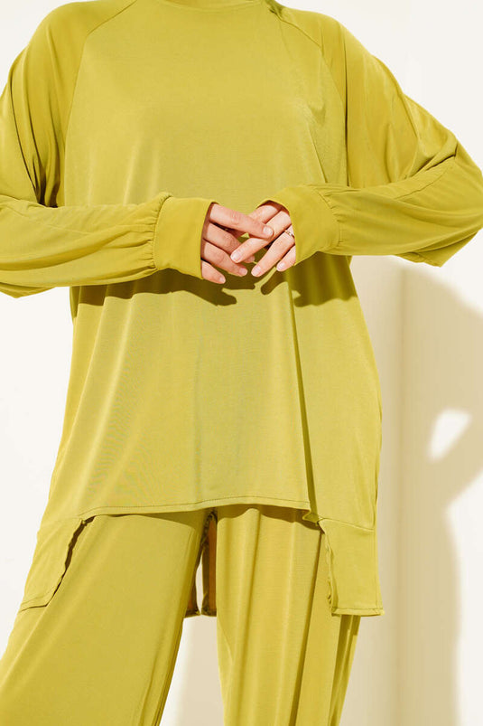 Asimetrik Kesim Sandy Tunik İkili Takım Yağ Yeşili