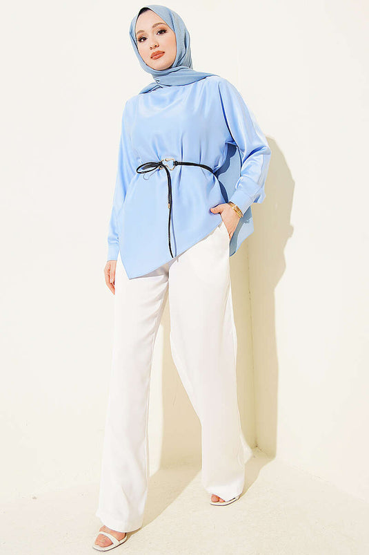 Asimetrik Kesim Saten Tunik Bebe Mavi