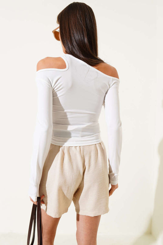 Asymmetric Shoulder Detailed Blouse Ecru
