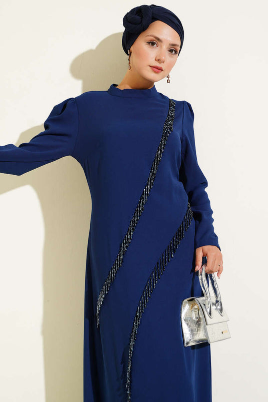 Robe de soirée asymétrique à passe-partout bleu marine