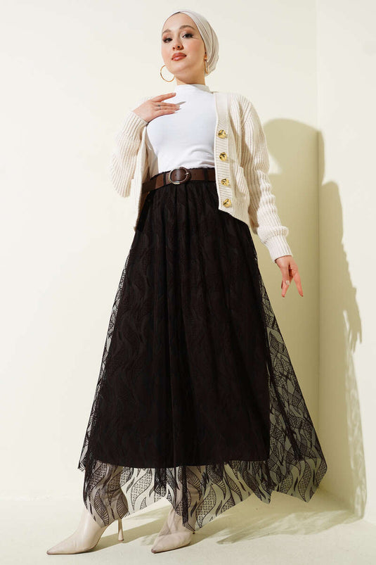 تنورة بحزام وتول غير متماثل بلون بني داكن