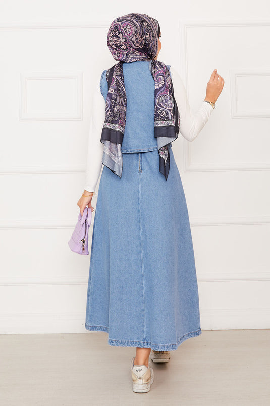 Ensemble deux pièces en jean avec jupe et gilet asymétriques bleu clair