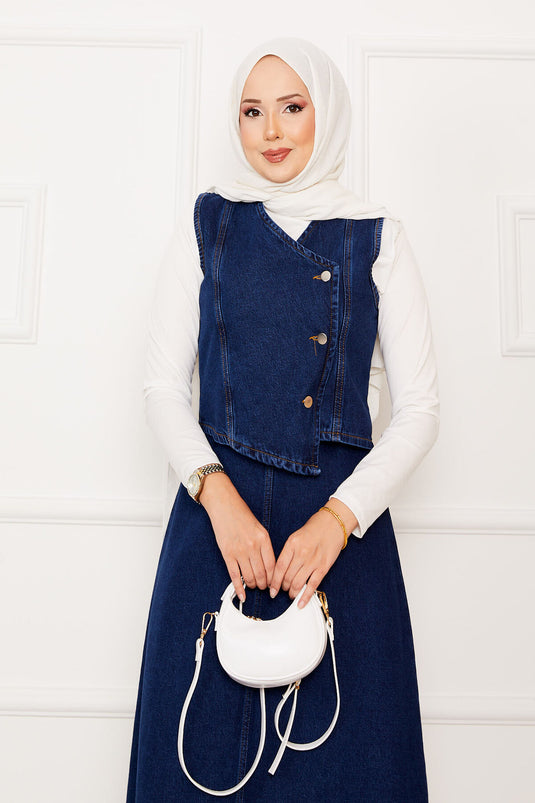 طقم من قطعتين من الجينز وتنورة وسترة غير متماثلة باللون الأزرق الداكن