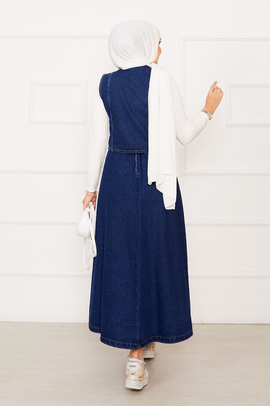 طقم من قطعتين من الجينز وتنورة وسترة غير متماثلة باللون الأزرق الداكن