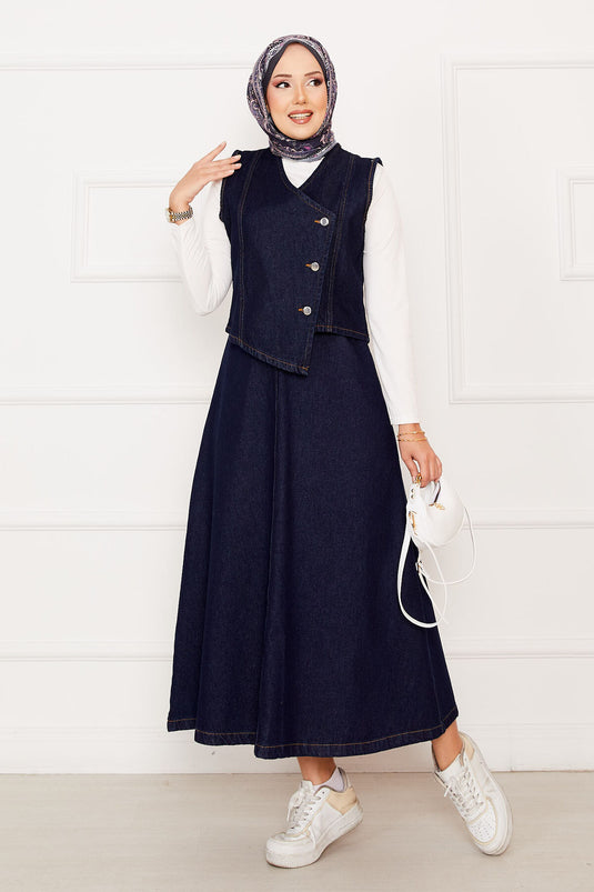 Gonna asimmetrica in denim con gilet e abito due pezzi blu navy