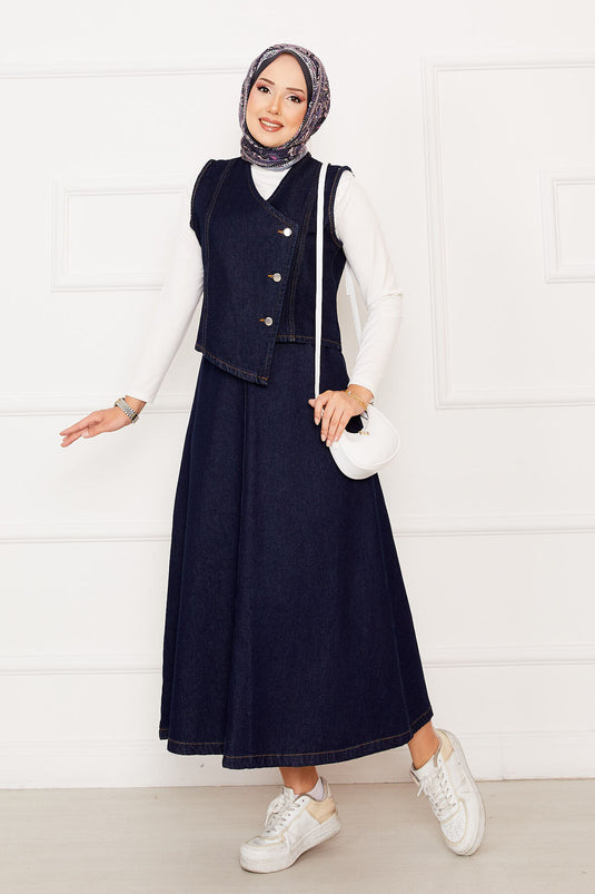 Gonna asimmetrica in denim con gilet e abito due pezzi blu navy