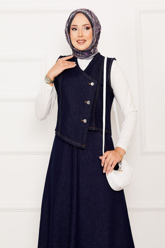 Gonna asimmetrica in denim con gilet e abito due pezzi blu navy