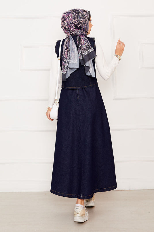 Gonna asimmetrica in denim con gilet e abito due pezzi blu navy