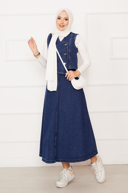 Asimetrik Yelekli Etekli Kot İkili Takım Mavi