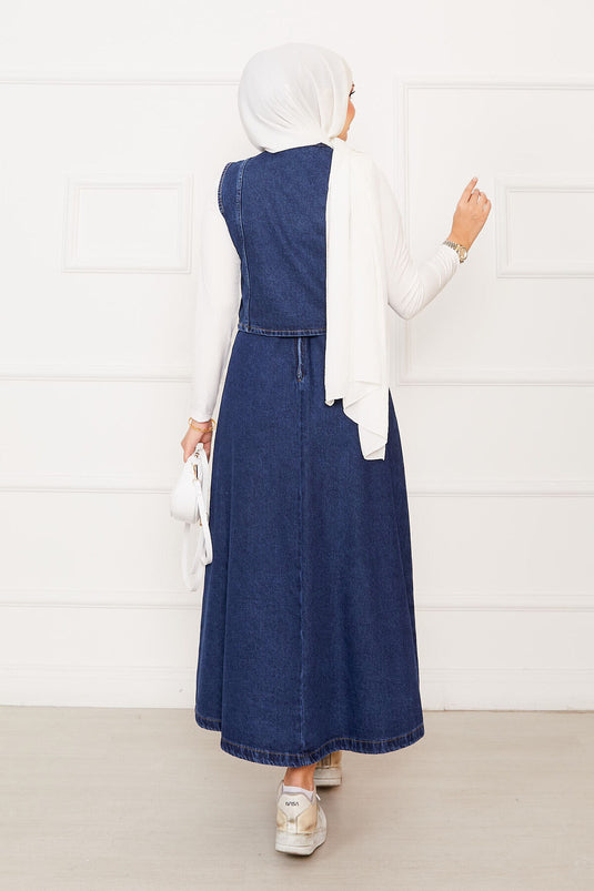 Asimetrik Yelekli Etekli Kot İkili Takım Mavi