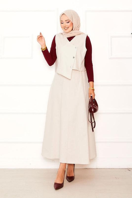 Asimetrik Yelekli Gabardin İkili Etek Takım Krem