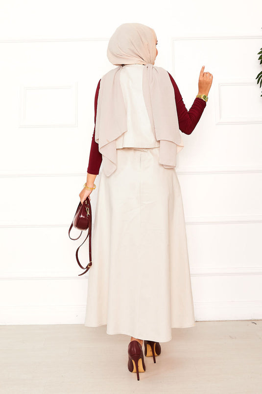 Asimetrik Yelekli Gabardin İkili Etek Takım Krem
