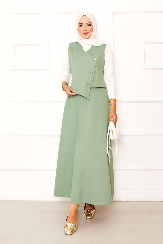 Asymmetrical Vested Gabardine Two-Piece Skirt Set Mint