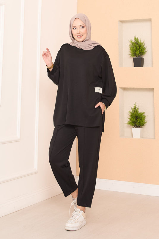 Asymmetric Slit Emblem Detailed Oyşo Two-Piece Set Black