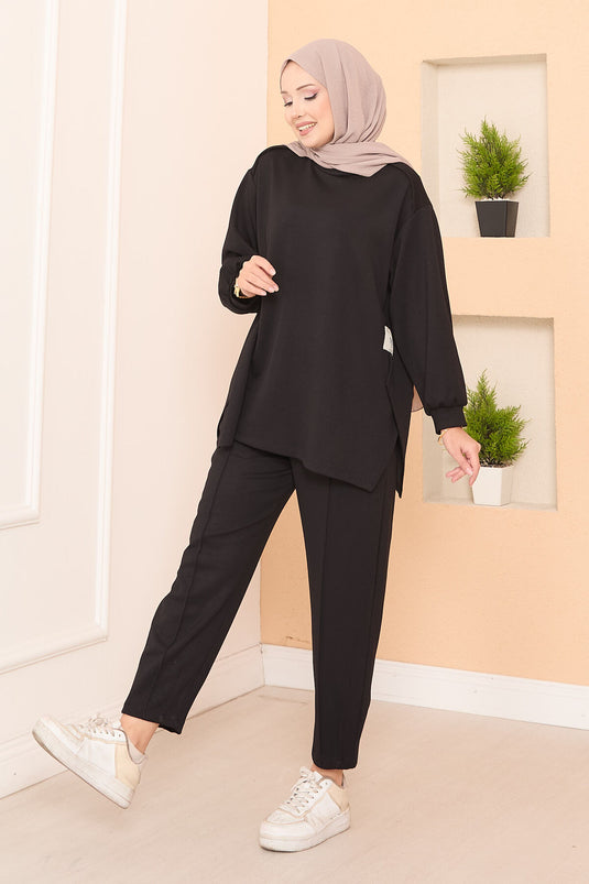 Asymmetric Slit Emblem Detailed Oyşo Two-Piece Set Black