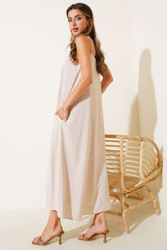 Robe midi basique en mousseline à bretelles couleur pierre