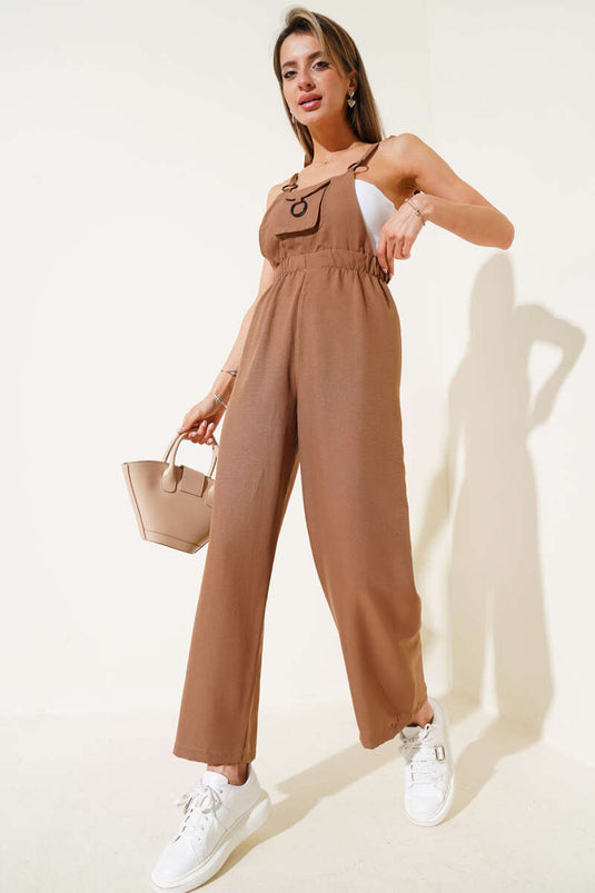 Elastische taille jumpsuit met zakken Latte