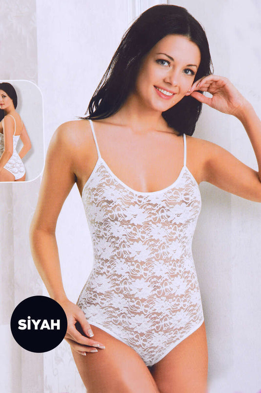 بدلة جسم سوداء بحزام من الدانتيل