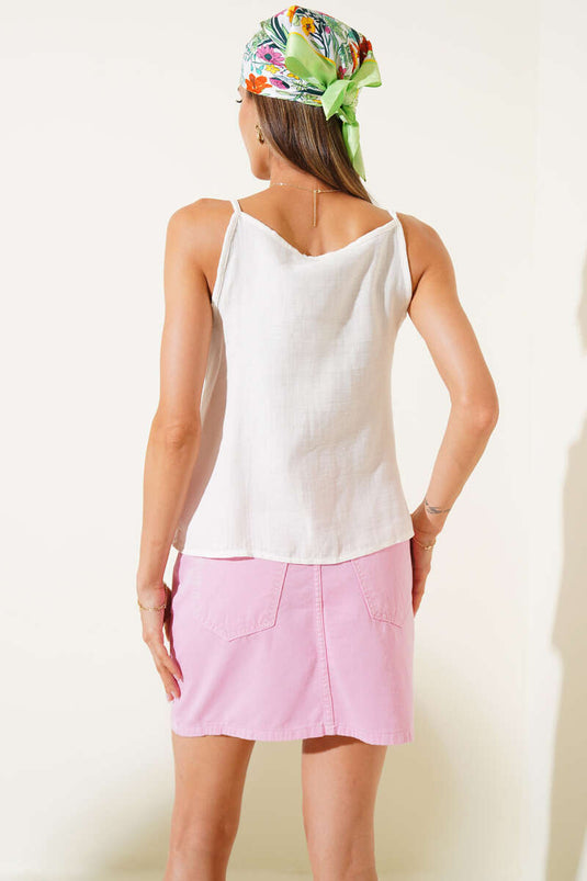 Sleeveless Ruffled Linen Blouse, Ecru