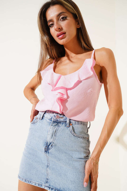 Askılı Fırfırlı Keten Bluz Pembe