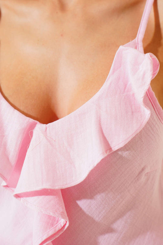 Askılı Fırfırlı Keten Bluz Pembe