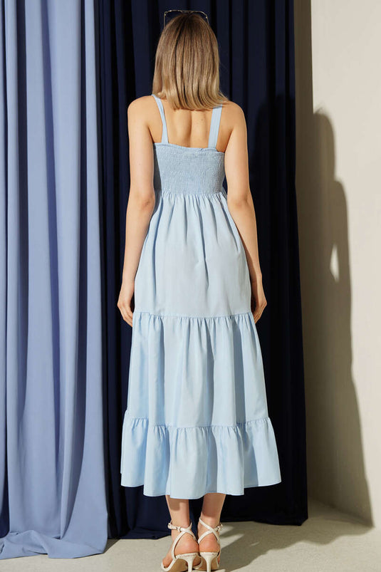Strappy Pleated Layered Midi Dress Baby Blue