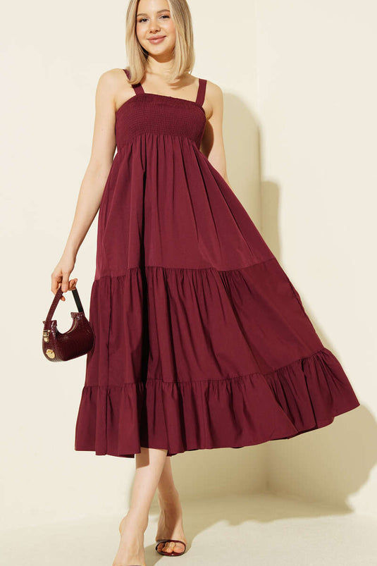 Burgundy Layered Midi Dress with Straps and Pleats