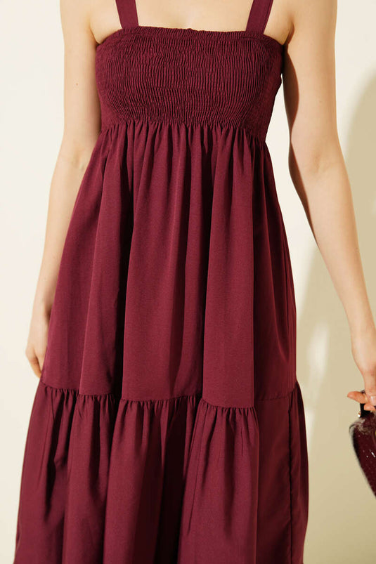 Burgundy Layered Midi Dress with Straps and Pleats