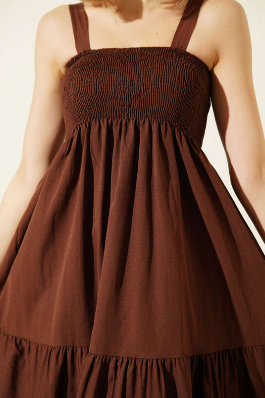 Strap Detailed Layered Midi Dress Brown