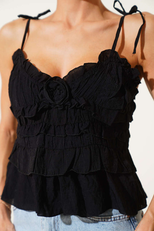 Askılı Gül Detaylı Bluz Siyah