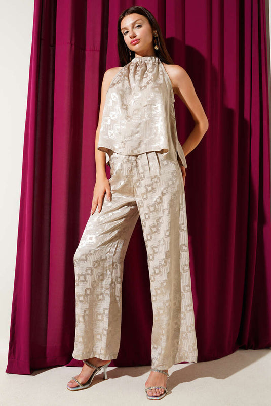 Ensemble deux pièces beige en jacquard à bretelles