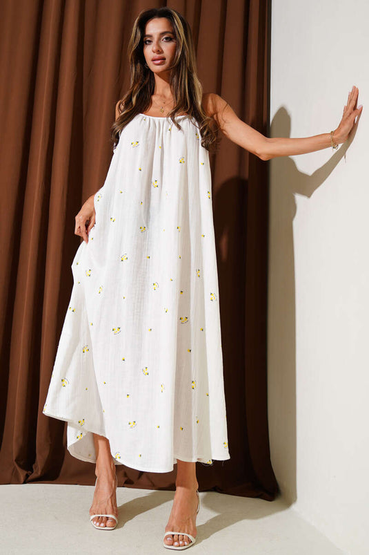 Robe en mousseline à bretelles, motif citron, écru