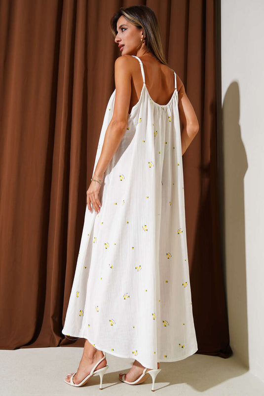 Robe en mousseline à bretelles, motif citron, écru