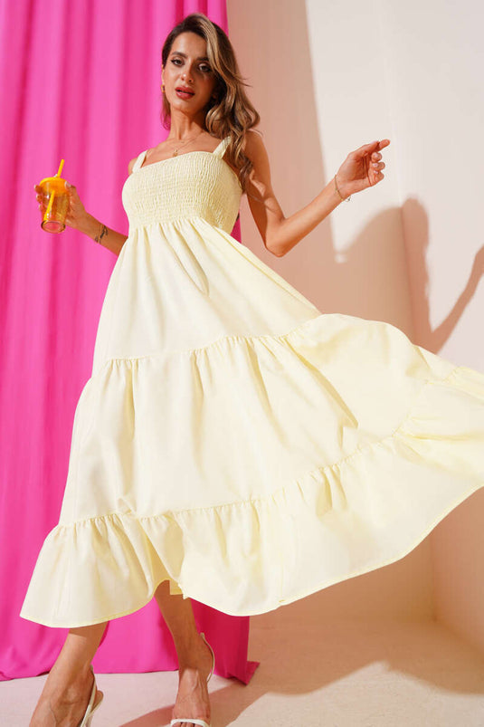 Askılı Önü Gipeli Elbise Sarı