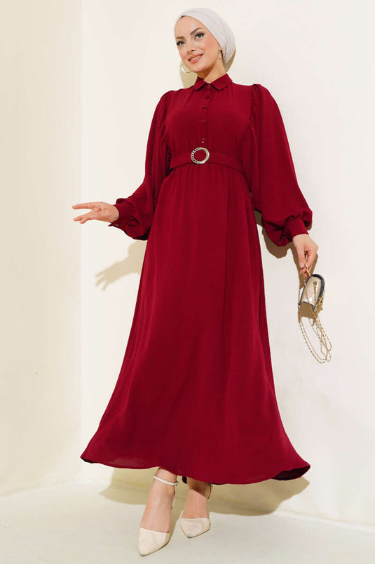 Balon Kol Gömlek Yaka Elbise Bordo