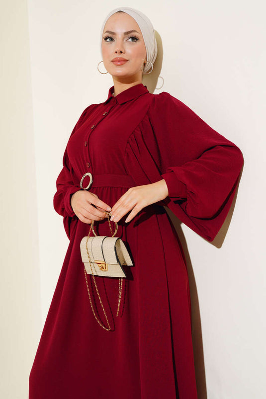 Balon Kol Gömlek Yaka Elbise Bordo