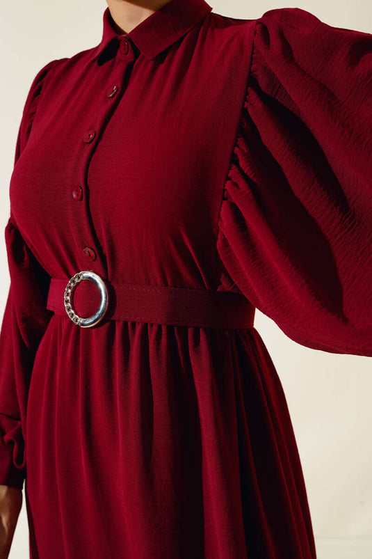 Balon Kol Gömlek Yaka Elbise Bordo