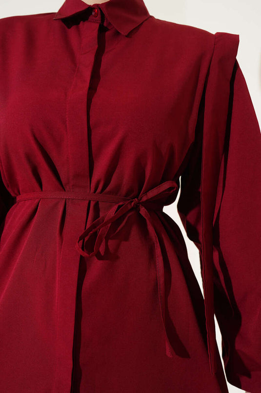 İp Kuşaklı Omuz Pelerinli Gömlek Bordo