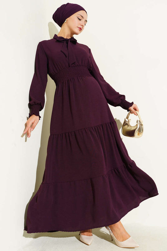 Jurk met elastische tailleband en strikdetail aan de voorkant, pruimkleurig