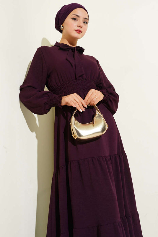 Jurk met elastische tailleband en strikdetail aan de voorkant, pruimkleurig