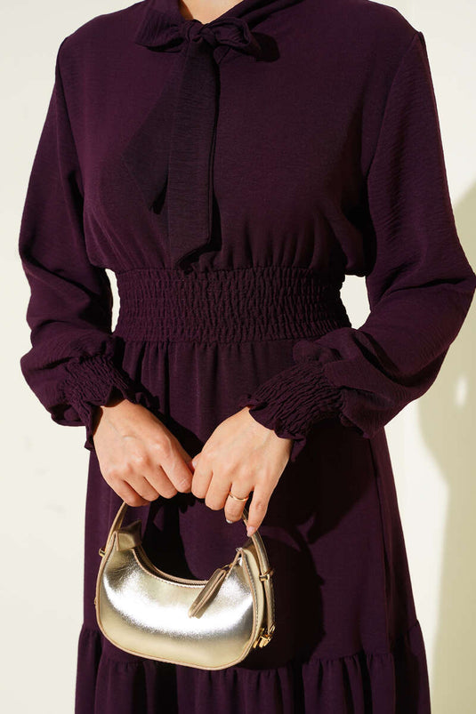 Jurk met elastische tailleband en strikdetail aan de voorkant, pruimkleurig