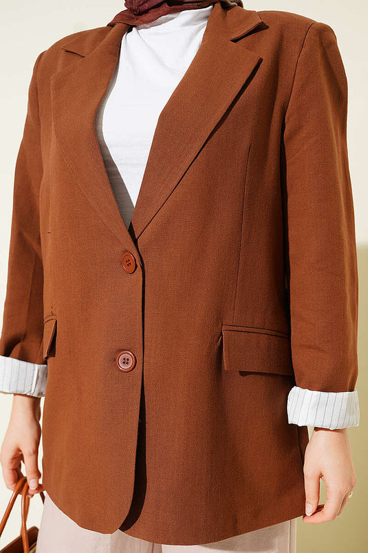 Astarı Çizgili Keten Blazer Ceket Kahve
