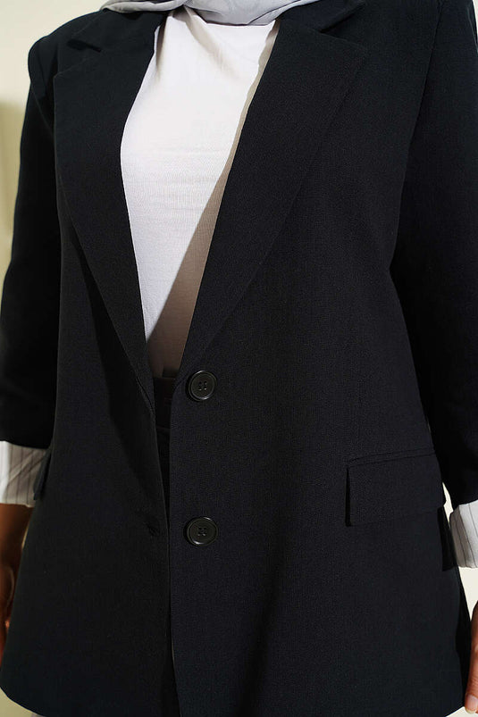 Astarı Çizgili Keten Blazer Ceket Siyah
