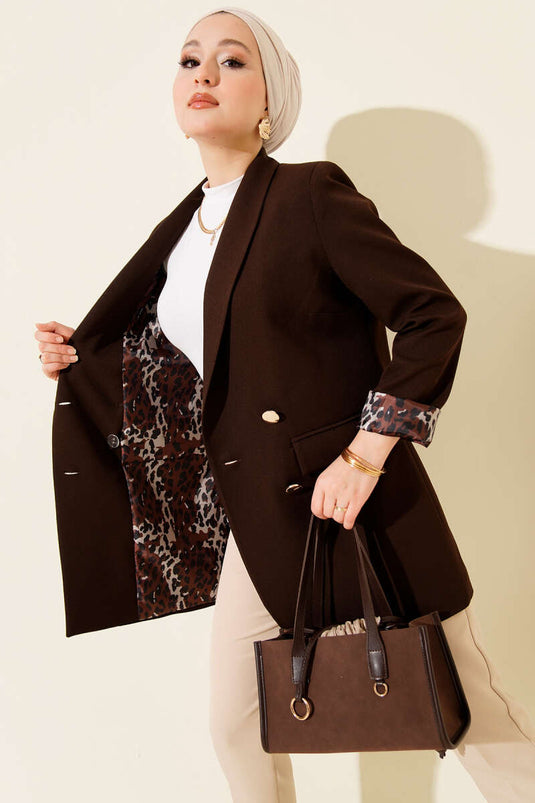 Astarı Leoparlı Kruvaze Ceket Acı Kahve