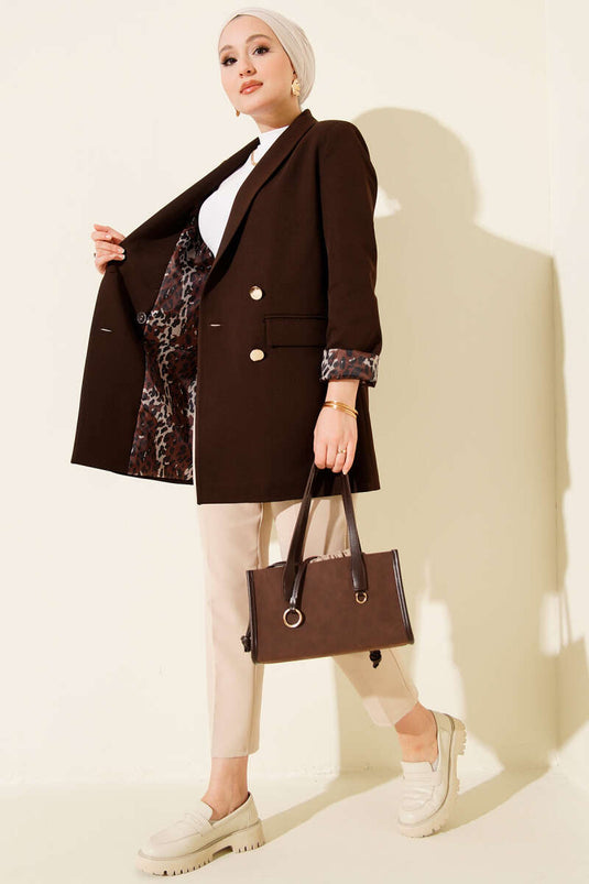 Astarı Leoparlı Kruvaze Ceket Acı Kahve