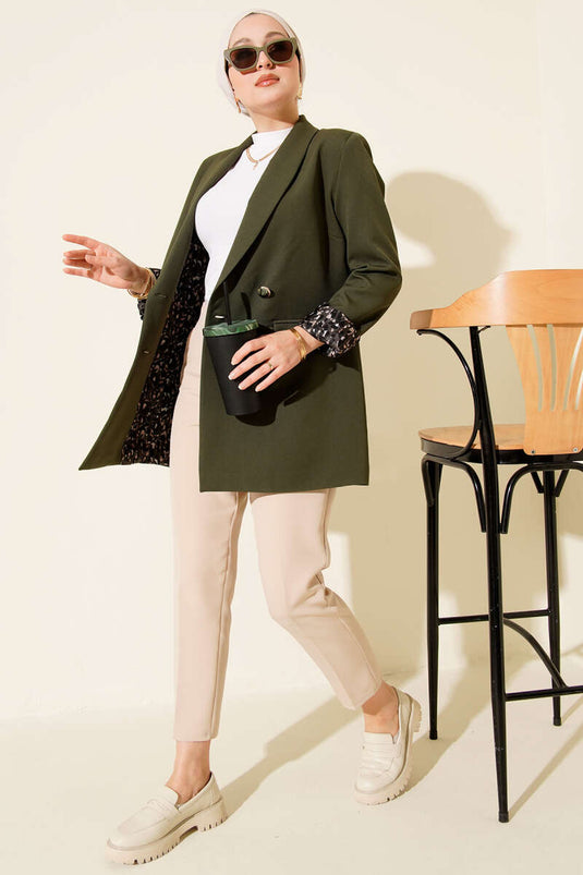 Astarı Leoparlı Kruvaze Ceket Haki